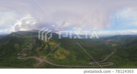 360 panorama by 180 degrees angle seamless panorama of aerial view of cars driving on curved, zigzag curve road or street on mountain hill with natural forest trees in rural area of Phetchabun 360 panorama by 180 degrees angle seamless panorama of aerial view of cars driving on curved, zigzag curve road or street on mountain hill with natural forest trees in rural area of Phetchabun 78124303