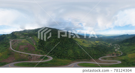 360 panorama by 180 degrees angle seamless panorama of aerial view of cars driving on curved, zigzag curve road or street on mountain hill with natural forest trees in rural area of Phetchabun 360 panorama by 180 degrees angle seamless panorama of aerial view of cars driving on curved, zigzag curve road or street on mountain hill with natural forest trees in rural area of Phetchabun 78124304