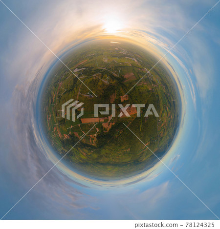 Little planet 360 degree sphere. Panorama of aerial view of wind turbines or windmills farm field in industry factory. Power, green clean energy, and environment. Nature innovation. Little planet 360 degree sphere. Panorama of aerial view of wind turbines or windmills farm field in industry factory. Power, green clean energy, and environment. Nature innovation. 78124325