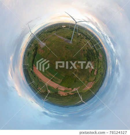 Little planet 360 degree sphere. Panorama of aerial view of wind turbines or windmills farm field in industry factory. Power, green clean energy, and environment. Nature innovation. Little planet 360 degree sphere. Panorama of aerial view of wind turbines or windmills farm field in industry factory. Power, green clean energy, and environment. Nature innovation. 78124327