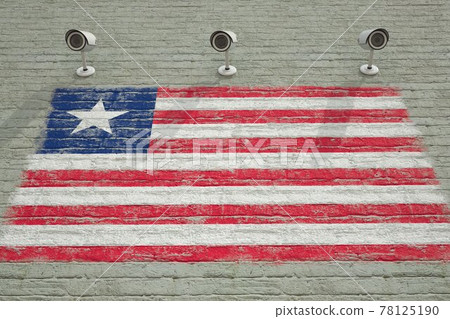 Surveillance cameras and wall with printed flag of Liberia. National security system concept. 3D rendering Surveillance cameras and wall with printed flag of Liberia. National security system concept. 3D rendering 78125190