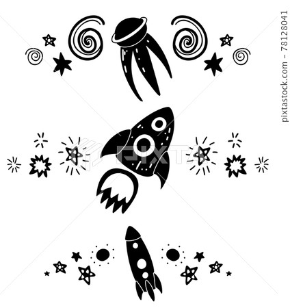 Set of black silhouette of spacers with stars, rocket, shuttle and spacecraft. Vector space design element. Baby cosmos text delimiters for article, invitation and card. 78128041