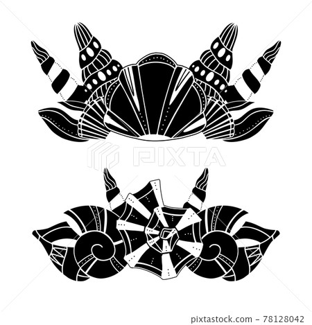 Set of black silhouettes of sea crowns from seashells. Vector text separators. Delimiters with sea molluscs and snails with boho pattern. 78128042