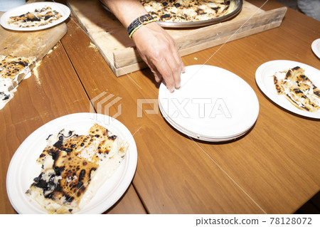 Recco Focaccia cheese italian flat bread wood oven baked traditional plate 78128072