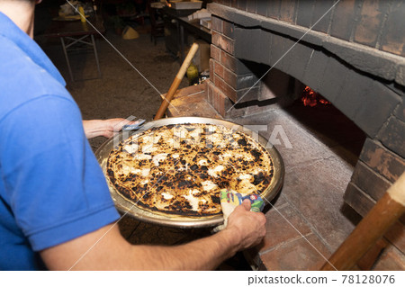 Recco Focaccia cheese italian flat bread wood oven baked traditional plate 78128076