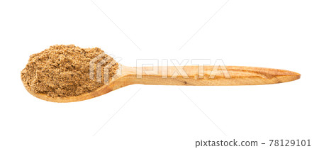 wooden spoon with nutmeg powder isolated on white wooden spoon with nutmeg powder isolated on white 78129101
