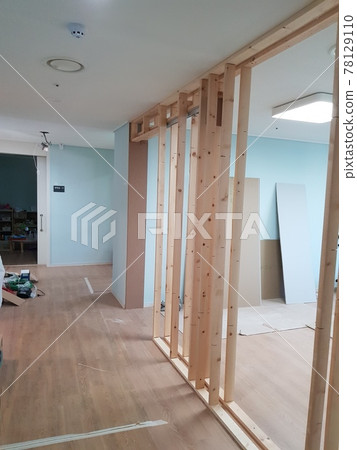 Indoors. Construction site. Interior. Woodworking. Space 78129110