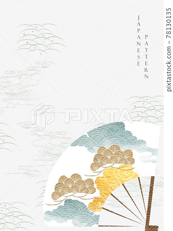 Chinese background with gold bamboo and hand drawn wave pattern vector. Oriental template design with fan element. Chinese background with gold bamboo and hand drawn wave pattern vector. Oriental template design with fan element. 78130135