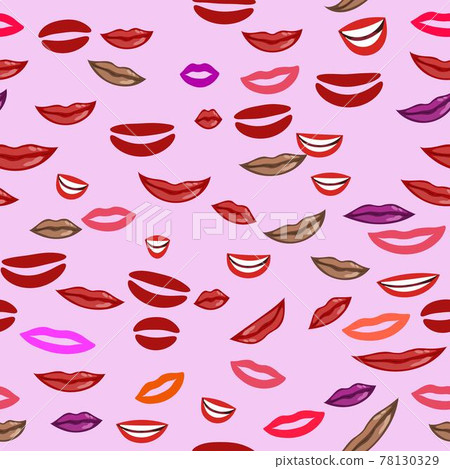 Vector seamless pattern of sexy woman lips, smiling and kissing. Variety of cute women lips with different colors isolated on pink background. 78130329