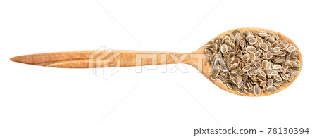 top view of wood spoon with dill seeds isolated top view of wood spoon with dill seeds isolated 78130394