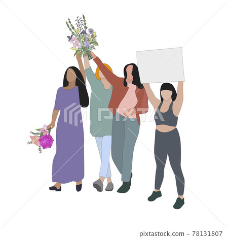Women group with flowers and placards, struggle for peace and woman rights Women group with flowers and placards, struggle for peace and woman rights 78131807