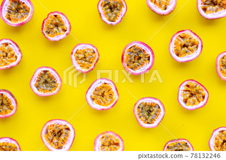 Passion fruit on yellow background. Passion fruit on yellow background. 78132246