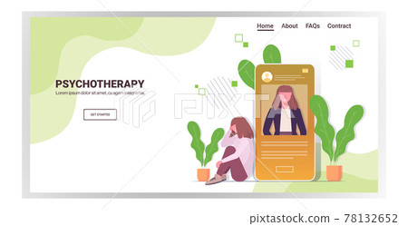 woman visited online psychologist in smartphone screen female psychotherapist consulting depressed patient woman visited online psychologist in smartphone screen female psychotherapist consulting depressed patient 78132652