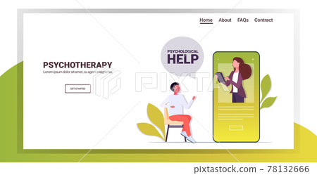 man visited online psychologist in smartphone screen female psychotherapist consulting male patient man visited online psychologist in smartphone screen female psychotherapist consulting male patient 78132666