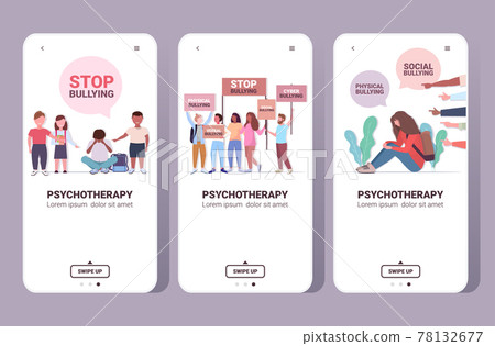 set stop bullying violence social anxiety psychotherapy concept smartphone screens collection horizontal 78132677