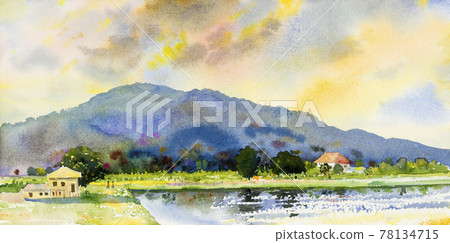 Watercolor landscape painting of mountain farm. Watercolor landscape painting of mountain farm. 78134715