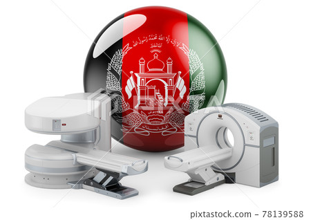 MRI and CT Diagnostic, Research Centres in Afghanistan. MRI machine and CT scanner with Afghan flag, 3D rendering MRI and CT Diagnostic, Research Centres in Afghanistan. MRI machine and CT scanner with Afghan flag, 3D rendering 78139588