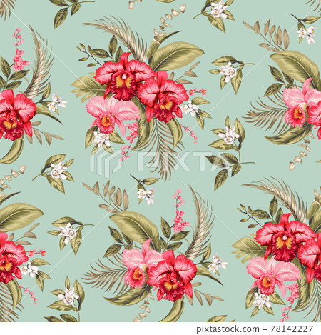Seamless tropical background with pink orchid and palm leaves Seamless tropical background with pink orchid and palm leaves 78142227