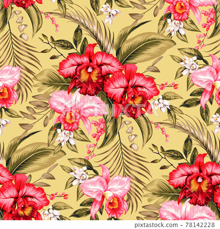 Seamless tropical background with pink orchid and palm leaves Seamless tropical background with pink orchid and palm leaves 78142228
