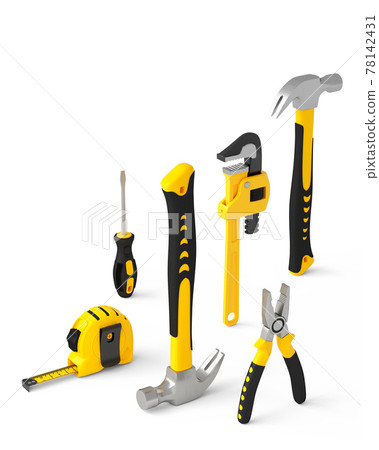 Isometric view of yellow construction tools for repair on white Isometric view of yellow construction tools for repair on white 78142431