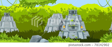 Maya ancient pyramid vector seamless background, jungle outline landscape, Mexico stone temple.  78142902