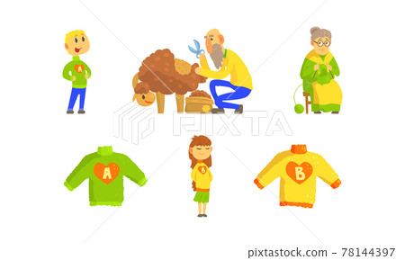 Knitwear Handmade Manufacturing Process with Sheep Shearing and Granny Knitting Sweater Vector Set 78144397