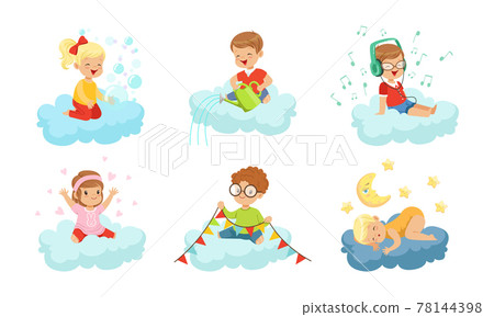 Little Kids on Soft Clouds Sleeping and Listening to Music Vector Set 78144398