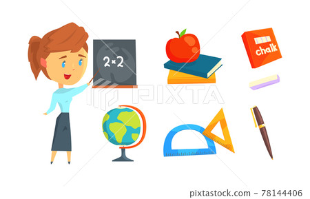 Woman as Teacher of Math at Blackboard and School Supplies Vector Set 78144406