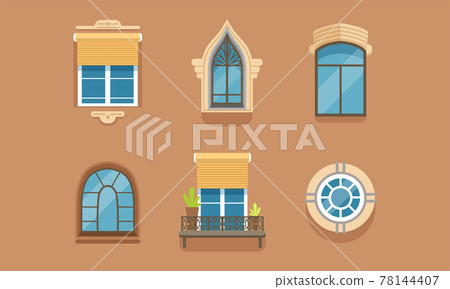 Different Framed Windows on Wall as Building Exterior Element Vector Set 78144407