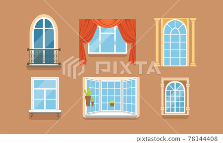 Different Framed Windows on Wall as Building Exterior Element Vector Set 78144408