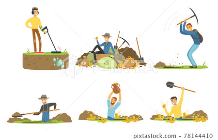 Man Treasure Hunter with Metal Detector and Shovel Digging Hole in Soil Extracting Gold and Gemstones Vector Set Man Treasure Hunter with Metal Detector and Shovel Digging Hole in Soil Extracting Gold and Gemstones Vector Set 78144410