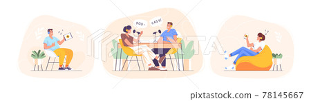Happy people listening and recording audio podcast 78145667