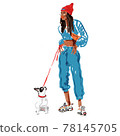 Hand-drawn abstract fashion illustration of imaginary afro girl, in a trendy sport suit, red hat, sunglasses, and sneakers, next to her is a French Bulldog puppy who looks up at her. City sketch.  78145705