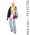 Hand-drawn cartoon flat fashion illustration of a long hair blondie girl, with the trendy outfit: oversize t shirt, wide jeans, leather jacket, pink bag, sneakers with leopard print. Fashion gift card 78145706