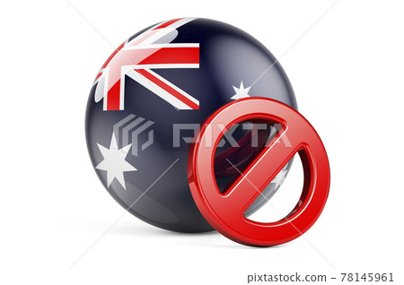 Forbidden symbol with Australian flag. Prohibition in Australia concept, 3D rendering Forbidden symbol with Australian flag. Prohibition in Australia concept, 3D rendering 78145961