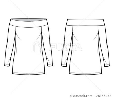 Dress off-the-shoulder Bardot technical fashion illustration with long sleeves, oversized body, mini length pencil Dress off-the-shoulder Bardot technical fashion illustration with long sleeves, oversized body, mini length pencil 78146252