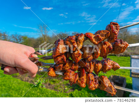 Hand holds skewers with fried kebabs on green grass and blue sky background, grilled meat on skewers Hand holds skewers with fried kebabs on green grass and blue sky background, grilled meat on skewers 78146298