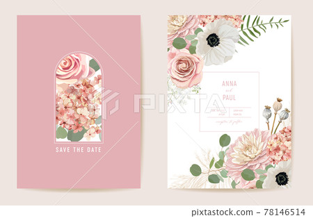 Wedding dried anemone, pampas grass, roses floral Save the Date set. Vector summer dry flowers boho 78146514