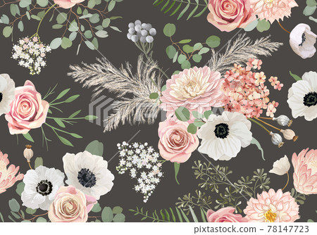 Rustic dried flowers pattern. Watercolor anemone, rose flower, eucalyptus leaves, pampas grass vector seamless 78147723