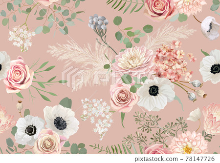 Seamless floral pattern, pastel dry flowers anemone, rose flower, eucalyptus leaves, pampas grass 78147726
