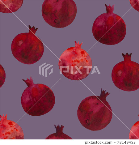 Watercolor seamless print with dark red pomegranates. Pattern with garnet fruits. 78149452