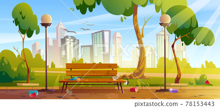 Dirty city park with garbage, bench and green tree 78153443