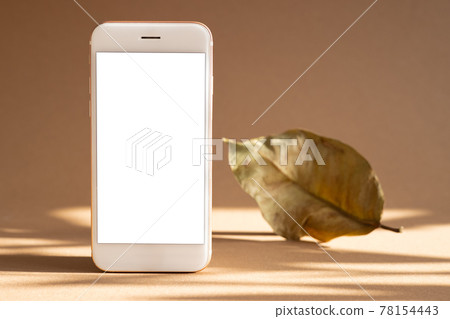 Mobile phone with white screen and dry leaf on brown background with dark shadows. Trend, minimal concept with copyspace Mobile phone with white screen and dry leaf on brown background with dark shadows. Trend, minimal concept with copyspace 78154443