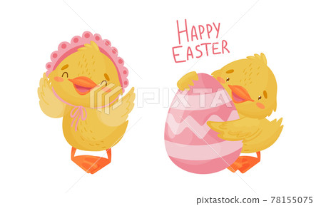 Cute Yellow Duckling with Decorated Egg Congratulating with Happy Easter Holiday Vector Set 78155075