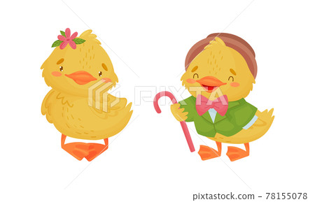 Cute Yellow Duckling in Suit Holding Cane and Standing Vector Set 78155078