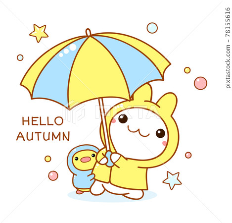 Cute little duck and rabbit friends in raincoats and with an umbrella 78155616