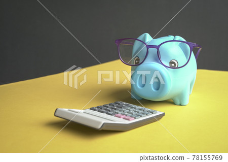Piggy bank with eyeglasses looking at calculator. Piggy bank with eyeglasses looking at calculator. 78155769