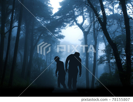 Two zombies in mysterious landscape of foggy forest Two zombies in mysterious landscape of foggy forest 78155807