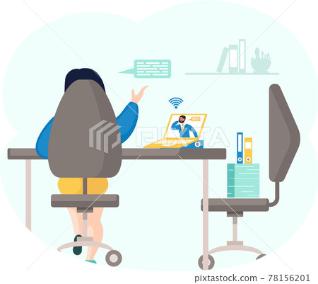 Conference call at office woman and man with phone talking by videochat sitting at table with laptop 78156201