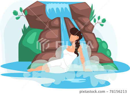 Girl sits in lake next to rock and waterfall. Clean nature concept water falling down from mountain Girl sits in lake next to rock and waterfall. Clean nature concept water falling down from mountain 78156213